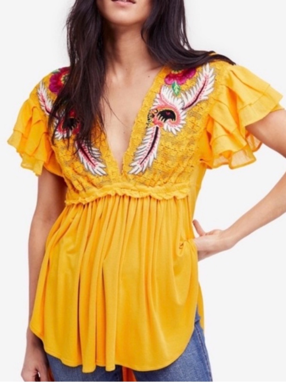 Free People Golden Yellow Embroidered V-Neck Flutter Top